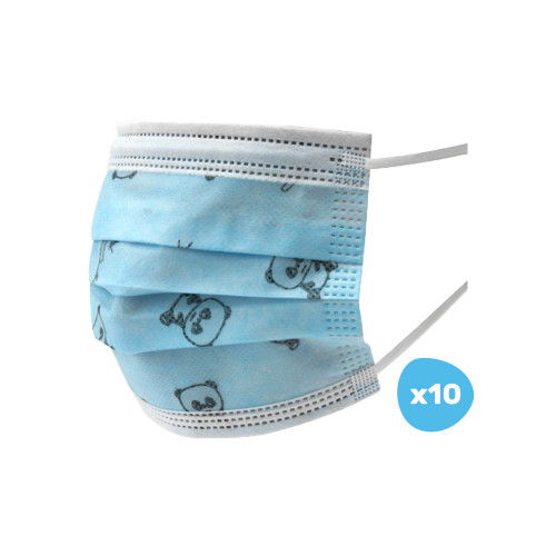 Măști igienice pentru copii, albastre cu imprimeuri panda, 10 măști