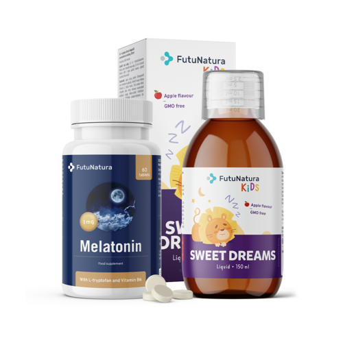 Noapte liniștită: melatonină + supliment lichid pentru copii, set