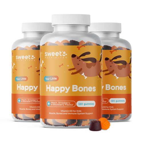 3x Happy Bones – bomboane gumate pentru copii cu vitamina D3, total 360 de bomboane gumate